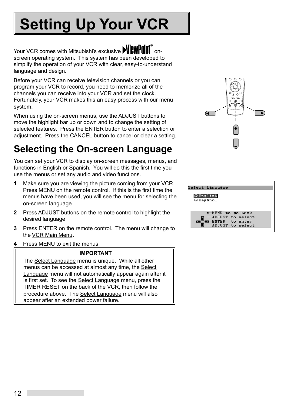 Setting up your vcr, Selecting the on-screen language | MITSUBISHI ELECTRIC HS-U748 User Manual | Page 14 / 60