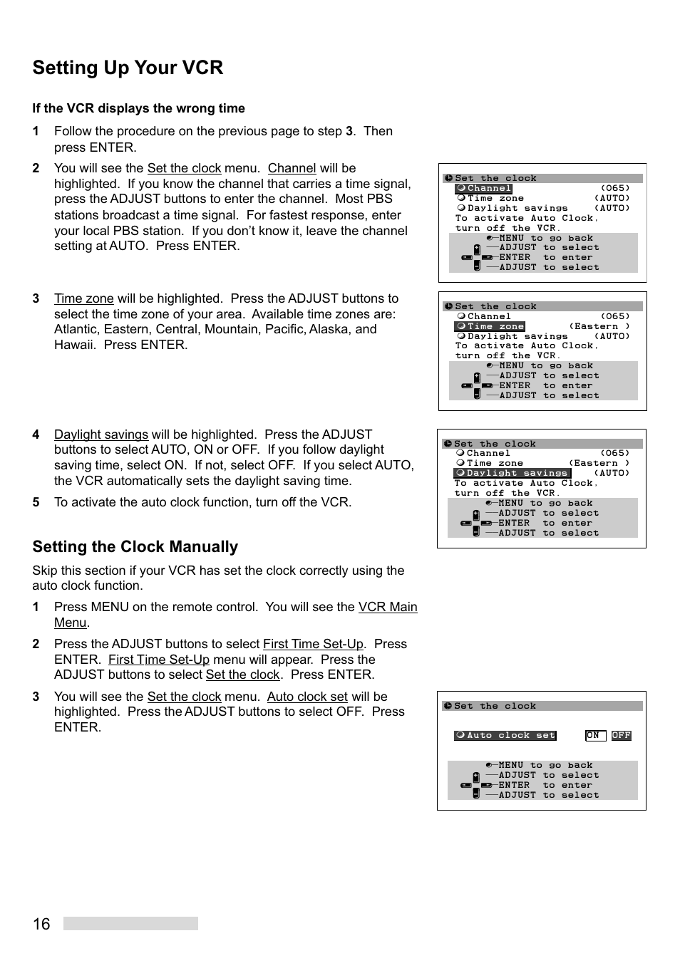 Setting up your vcr, Setting the clock manually | MITSUBISHI ELECTRIC HS-U748 User Manual | Page 18 / 60