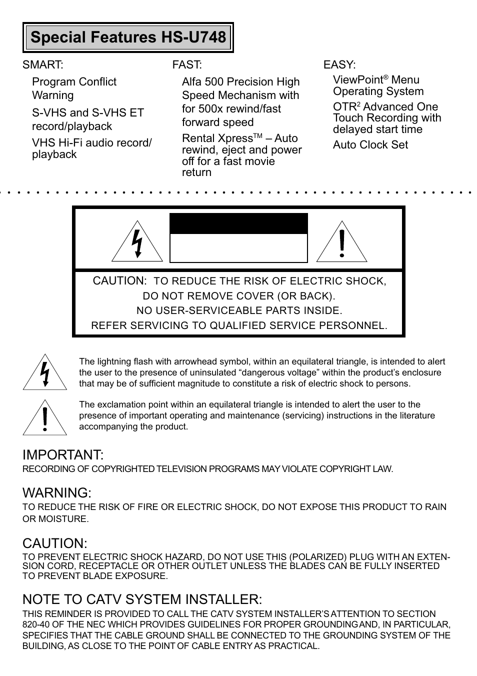 Special features hs-u748, Important, Warning | Caution, Easy: ♦ viewpoint, Menu operating system ♦ otr, Risk of electric shock do not open | MITSUBISHI ELECTRIC HS-U748 User Manual | Page 2 / 60