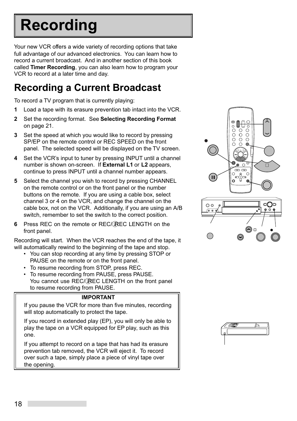 Recording, Recording a current broadcast | MITSUBISHI ELECTRIC HS-U748 User Manual | Page 20 / 60