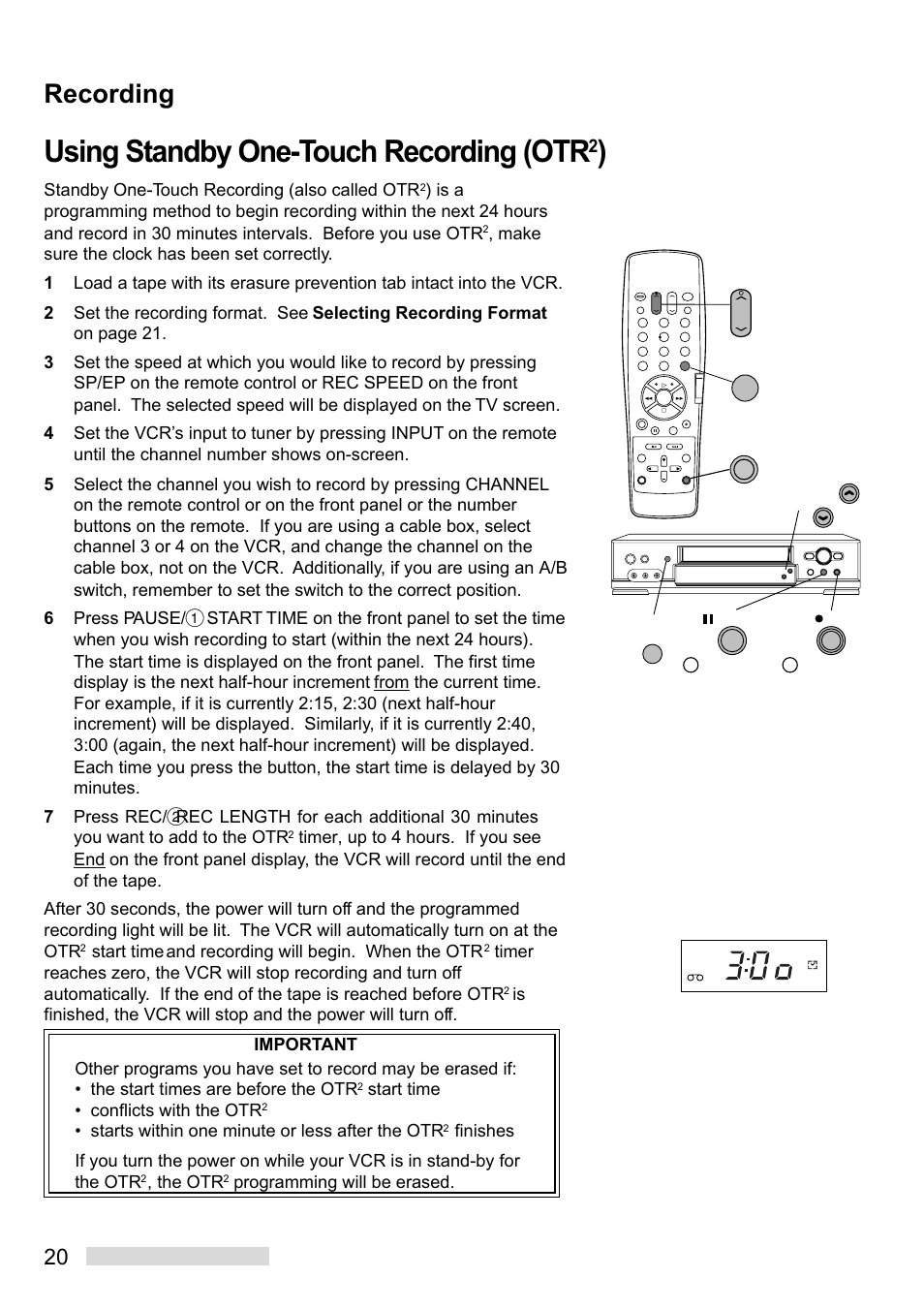 Using standby one-touch recording (otr, Recording | MITSUBISHI ELECTRIC HS-U748 User Manual | Page 22 / 60