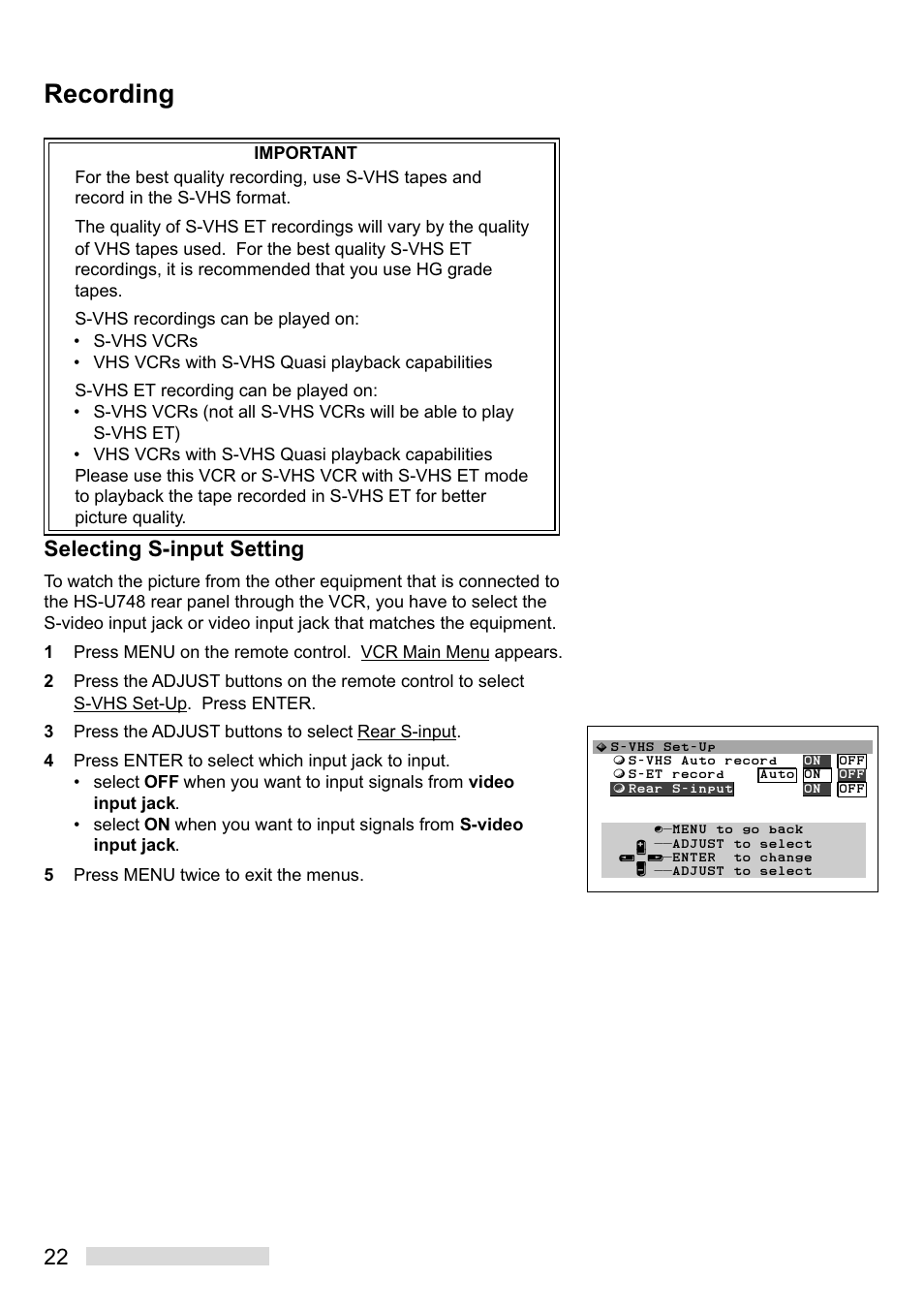 Recording, Selecting s-input setting | MITSUBISHI ELECTRIC HS-U748 User Manual | Page 24 / 60