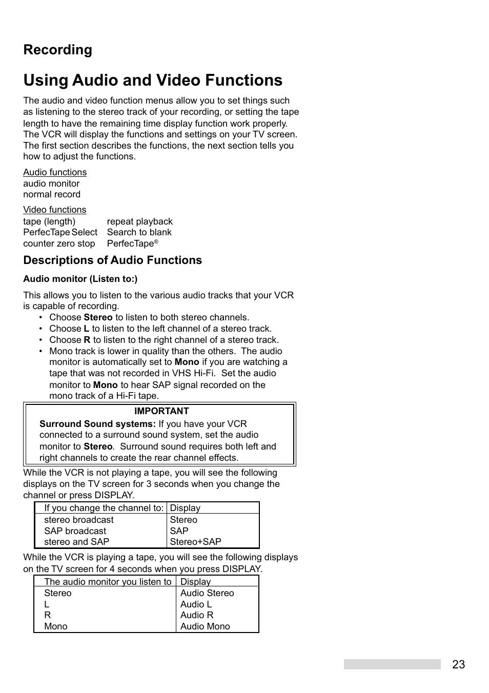 Using audio and video functions, Recording, Descriptions of audio functions | MITSUBISHI ELECTRIC HS-U748 User Manual | Page 25 / 60