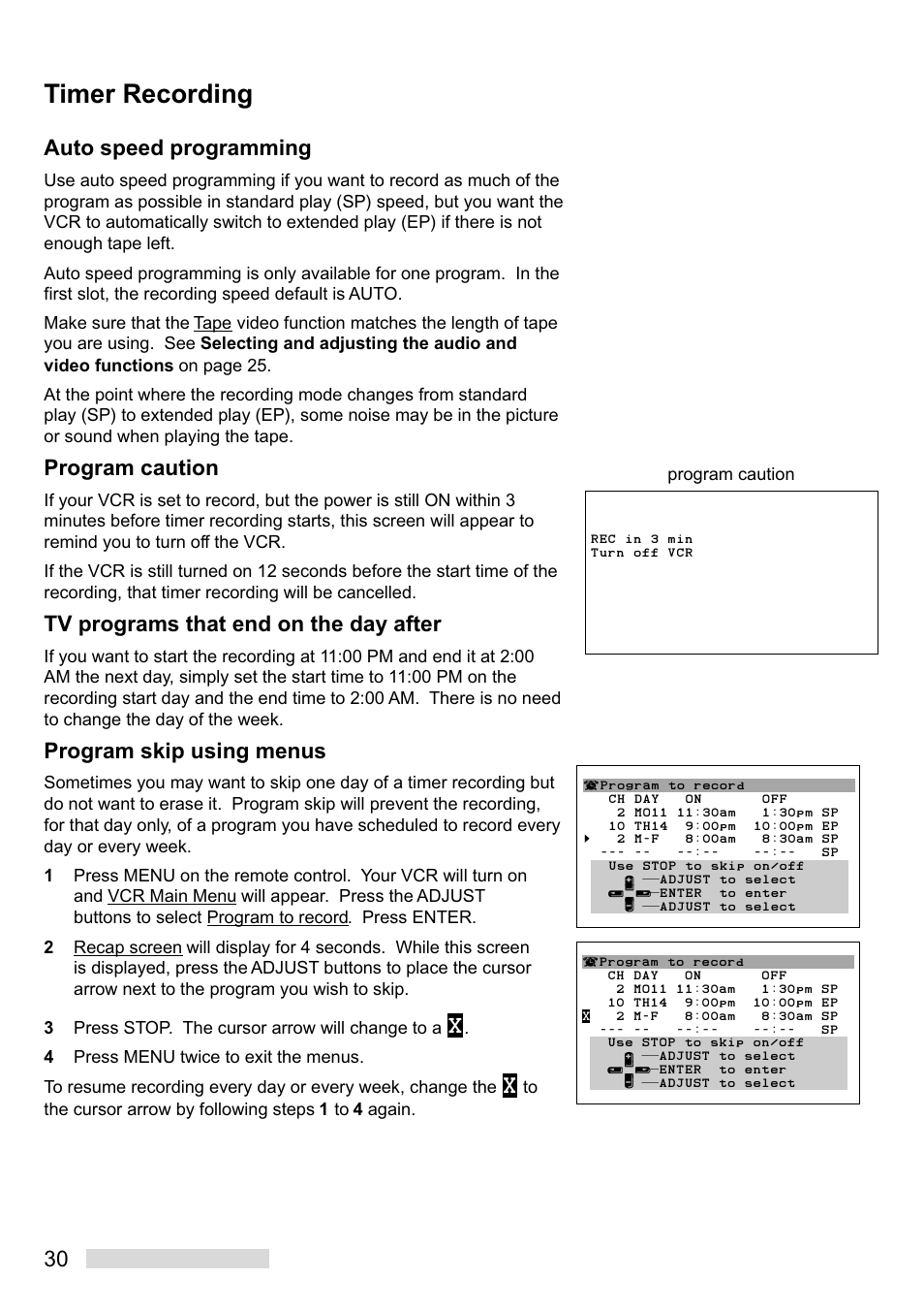 Timer recording, 30 auto speed programming, Program caution | Tv programs that end on the day after, Program skip using menus | MITSUBISHI ELECTRIC HS-U748 User Manual | Page 32 / 60