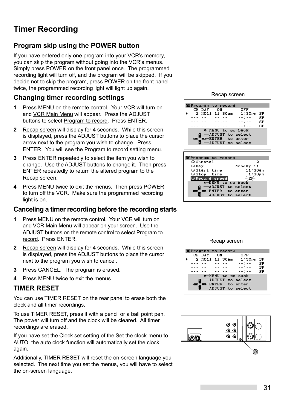 Timer recording, 31 program skip using the power button, Changing timer recording settings | Timer reset, Recap screen | MITSUBISHI ELECTRIC HS-U748 User Manual | Page 33 / 60