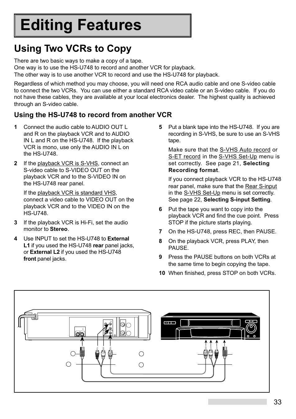 Editing features, Using two vcrs to copy, Using the hs-u748 to record from another vcr | Playback recording, Hs-u748 | MITSUBISHI ELECTRIC HS-U748 User Manual | Page 35 / 60