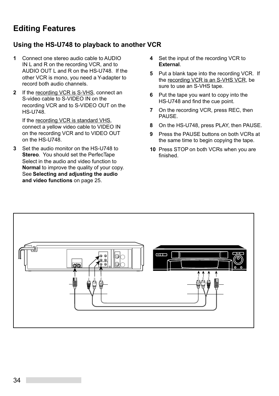 Editing features, Using the hs-u748 to playback to another vcr, Hs-u748 | Recording playback | MITSUBISHI ELECTRIC HS-U748 User Manual | Page 36 / 60