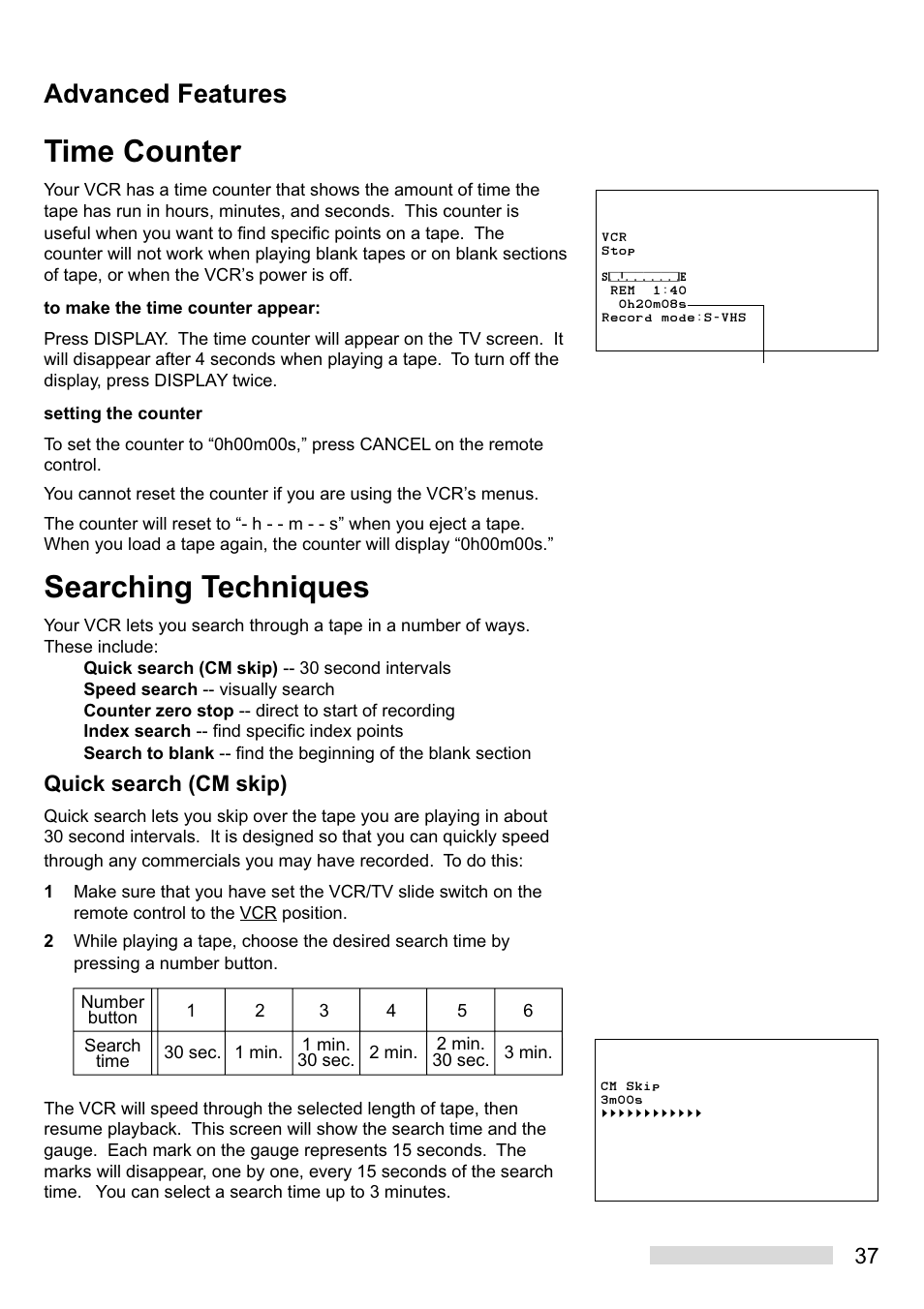 Time counter, Searching techniques, Advanced features | Quick search (cm skip) | MITSUBISHI ELECTRIC HS-U748 User Manual | Page 39 / 60