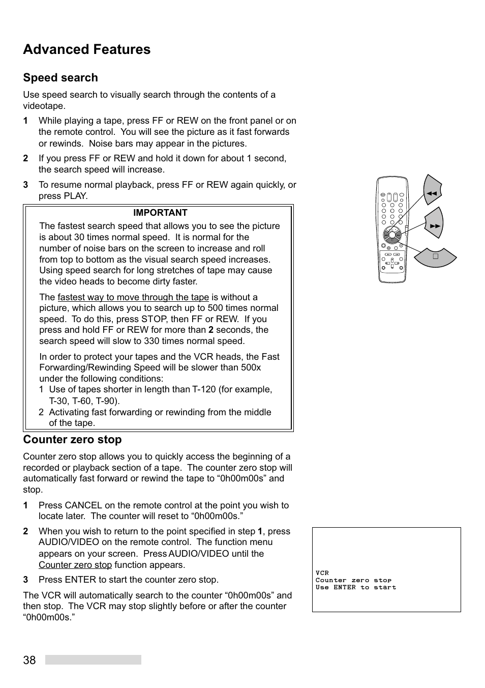 Advanced features, 38 speed search, Counter zero stop | MITSUBISHI ELECTRIC HS-U748 User Manual | Page 40 / 60