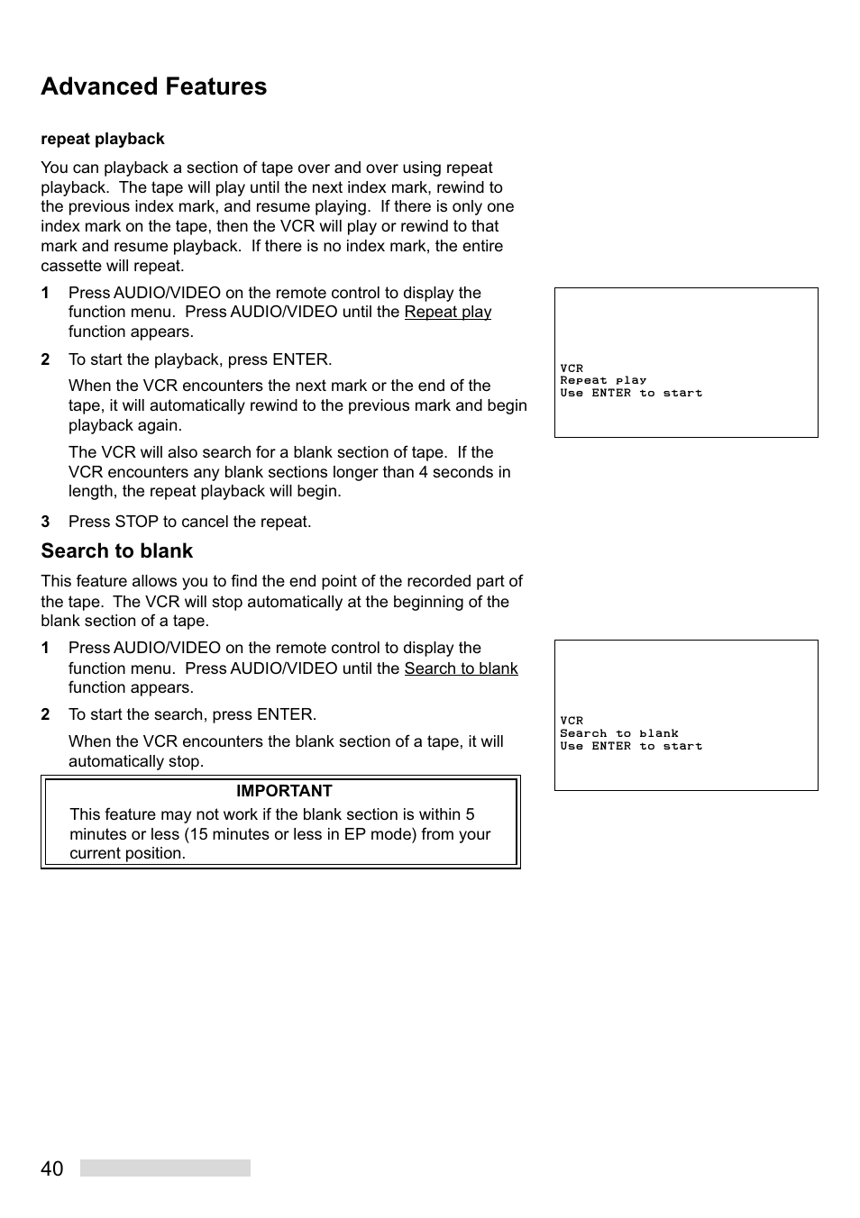 Advanced features, Search to blank | MITSUBISHI ELECTRIC HS-U748 User Manual | Page 42 / 60