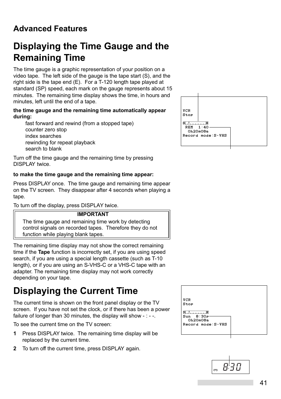 Displaying the time gauge and the remaining time, Displaying the current time, Advanced features | MITSUBISHI ELECTRIC HS-U748 User Manual | Page 43 / 60