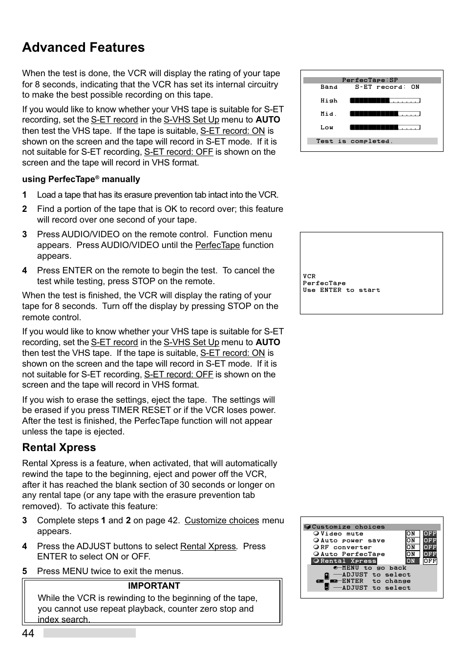 Advanced features, Rental xpress | MITSUBISHI ELECTRIC HS-U748 User Manual | Page 46 / 60