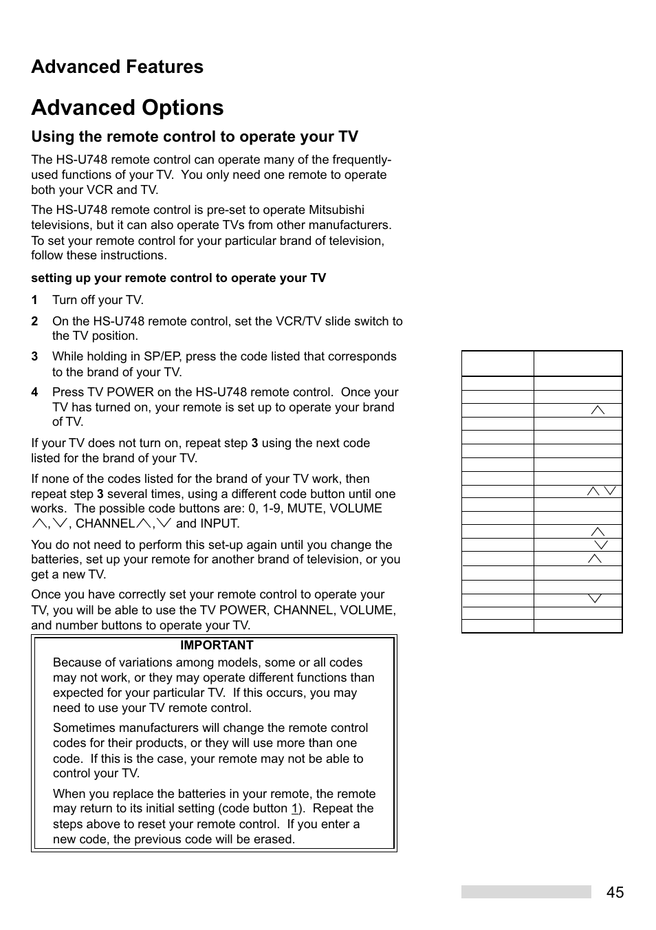 Advanced options, Advanced features, Using the remote control to operate your tv | MITSUBISHI ELECTRIC HS-U748 User Manual | Page 47 / 60