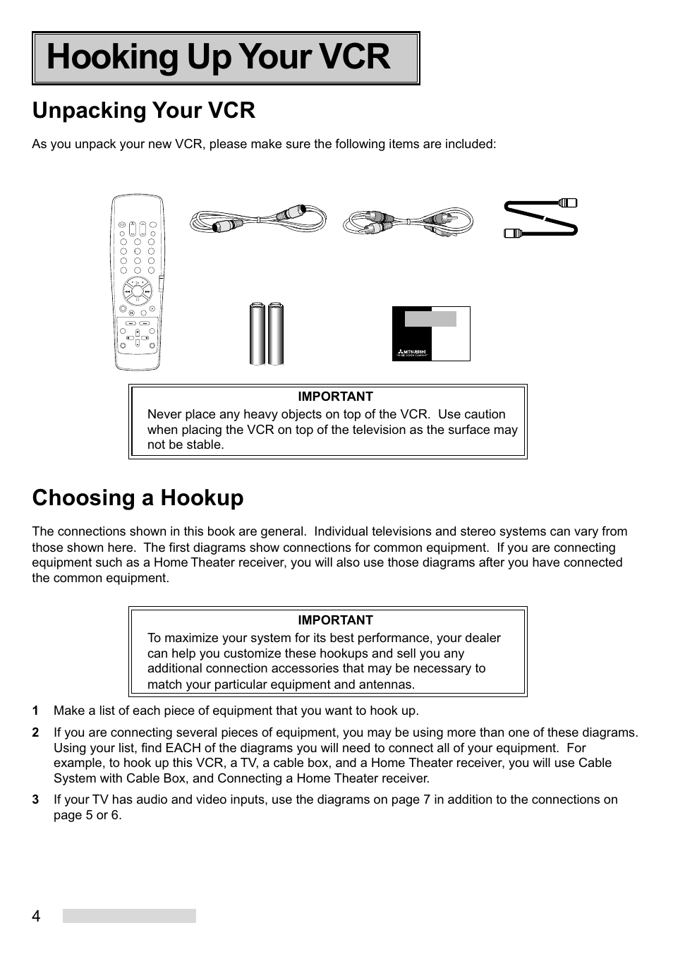 Hooking up your vcr, Unpacking your vcr, Choosing a hookup | MITSUBISHI ELECTRIC HS-U748 User Manual | Page 6 / 60