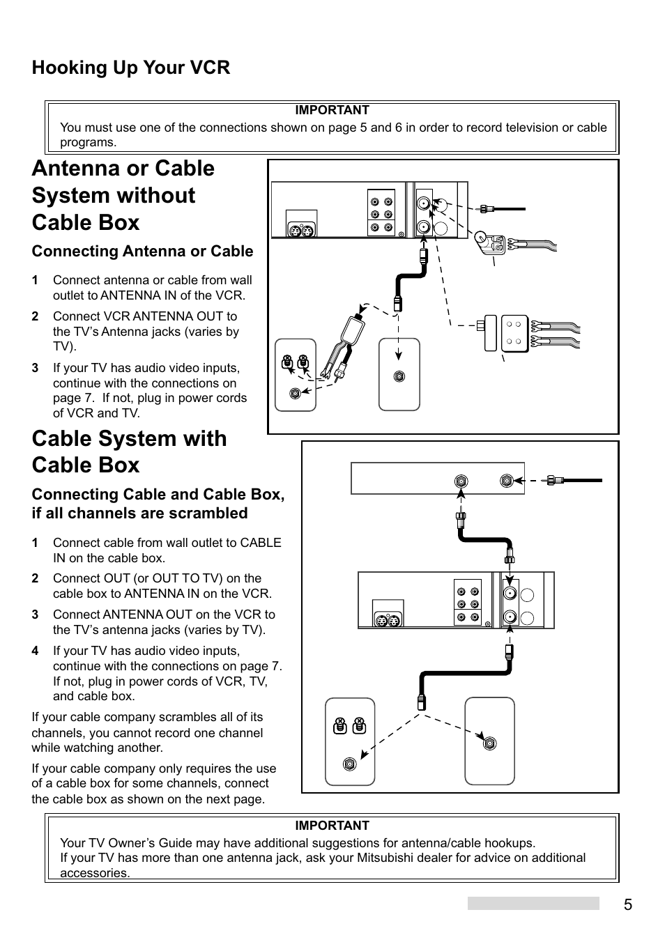 Cable system with cable box, Antenna or cable system without cable box, Hooking up your vcr | Connecting antenna or cable | MITSUBISHI ELECTRIC HS-U748 User Manual | Page 7 / 60