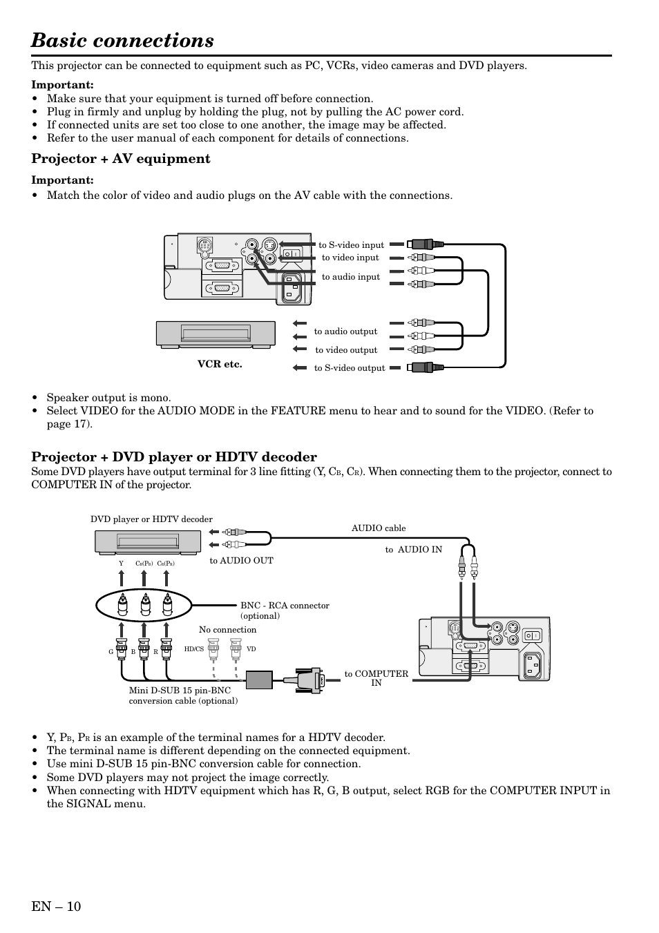 Basic connections, En – 10, Projector + av equipment | Projector + dvd player or hdtv decoder, Vcr etc | MITSUBISHI ELECTRIC XL1XU User Manual | Page 10 / 28