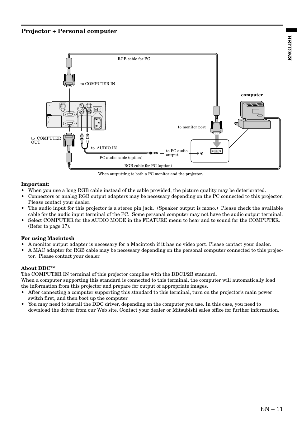 En – 11, Projector + personal computer, English | MITSUBISHI ELECTRIC XL1XU User Manual | Page 11 / 28