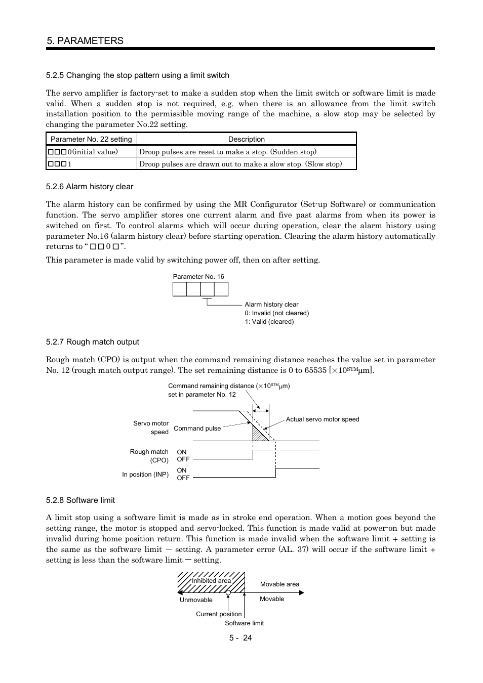 5 changing the stop pattern using a limit switch, 6 alarm history clear, 7 rough match output | 8 software limit, Parameters | MITSUBISHI ELECTRIC MR-J2S- CP User Manual | Page 161 / 357
