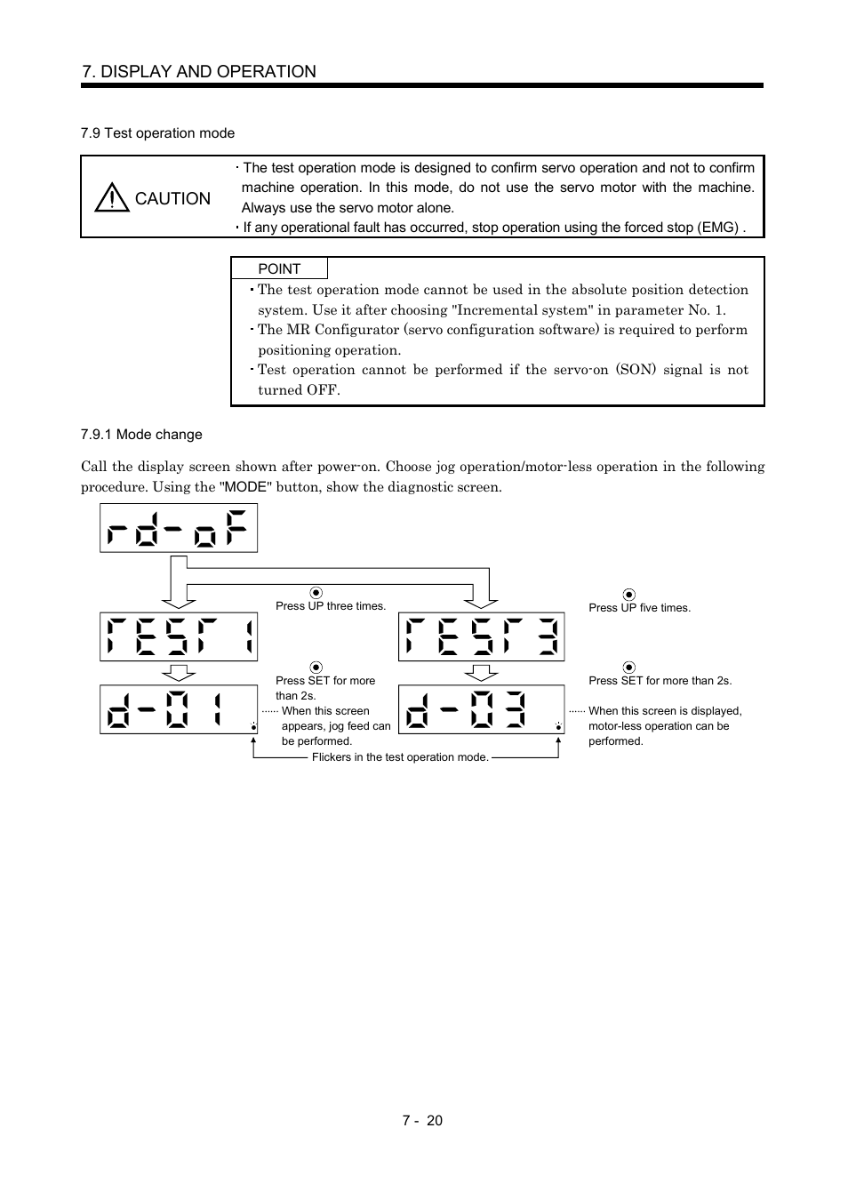 9 test operation mode, 1 mode change, Display and operation | Caution | MITSUBISHI ELECTRIC MR-J2S- CP User Manual | Page 201 / 357