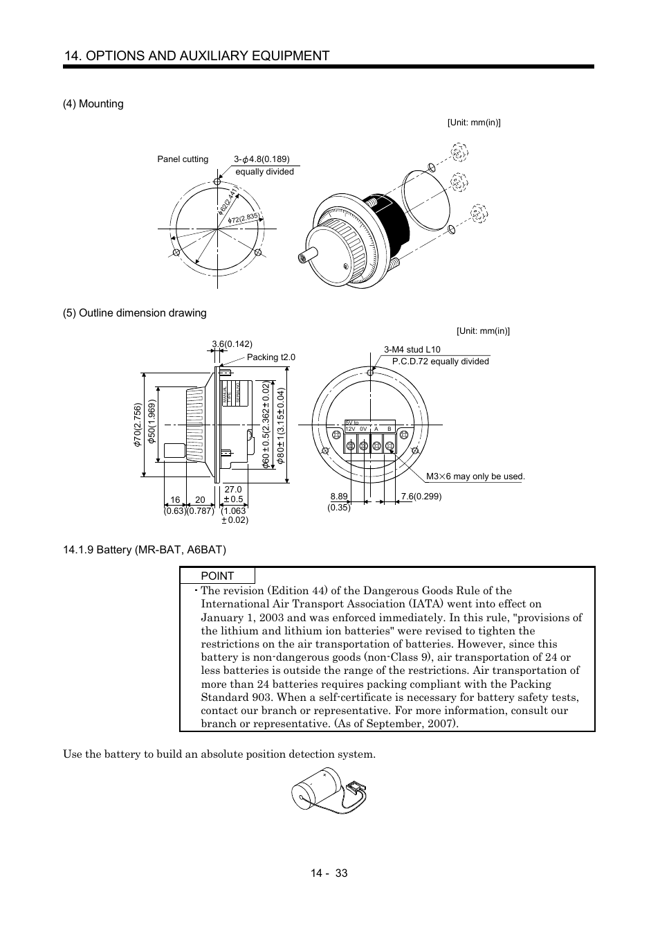 9 battery (mr-bat, a6bat), Options and auxiliary equipment, 4) mounting | 5) outline dimension drawing | MITSUBISHI ELECTRIC MR-J2S- CP User Manual | Page 290 / 357