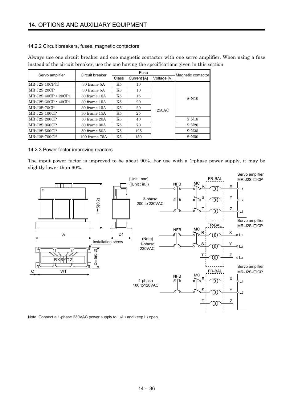 2 circuit breakers, fuses, magnetic contactors, 3 power factor improving reactors, Options and auxiliary equipment | MITSUBISHI ELECTRIC MR-J2S- CP User Manual | Page 293 / 357