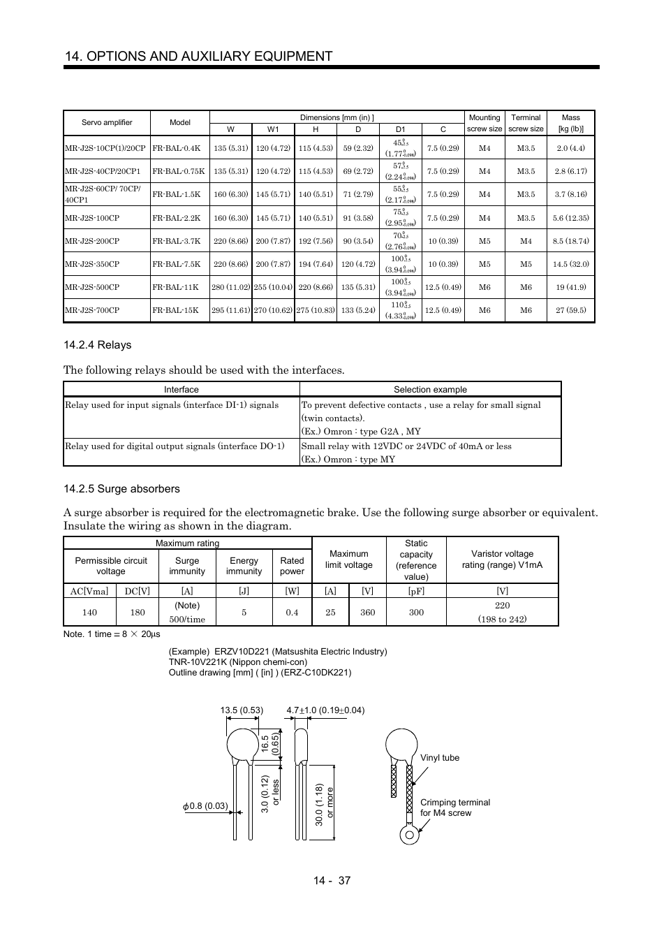 4 relays, 5 surge absorbers, Options and auxiliary equipment | MITSUBISHI ELECTRIC MR-J2S- CP User Manual | Page 294 / 357