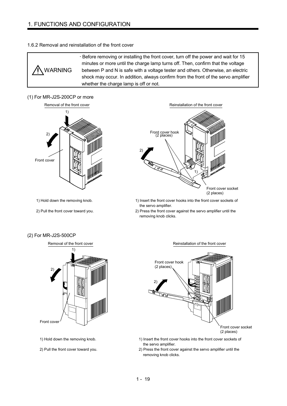 2 removal and reinstallation of the front cover, Functions and configuration, Warning | MITSUBISHI ELECTRIC MR-J2S- CP User Manual | Page 38 / 357