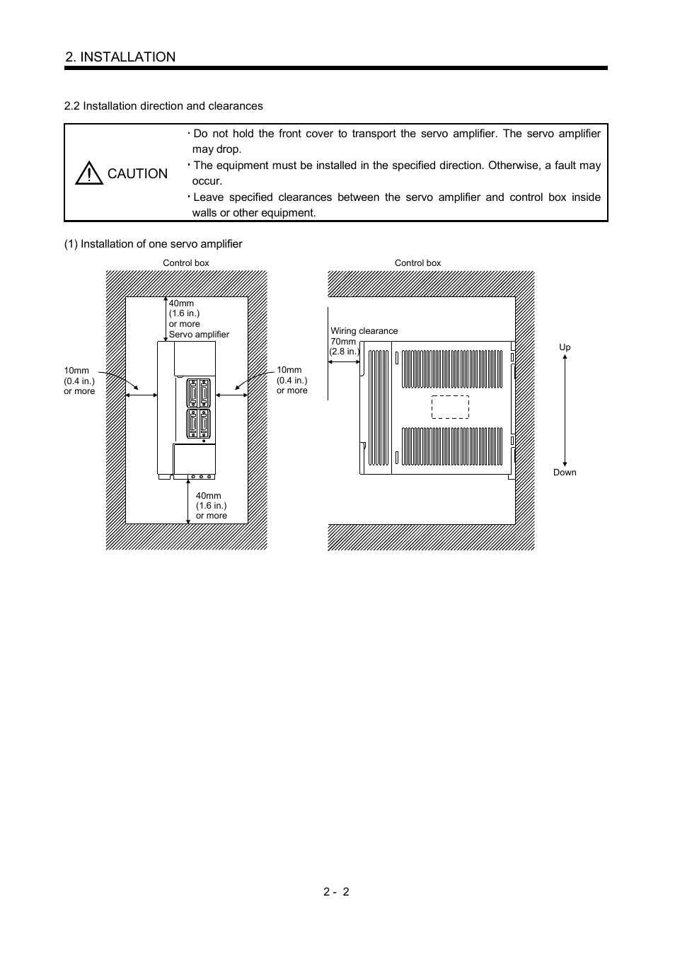 2 installation direction and clearances, Installation, Caution | MITSUBISHI ELECTRIC MR-J2S- CP User Manual | Page 47 / 357