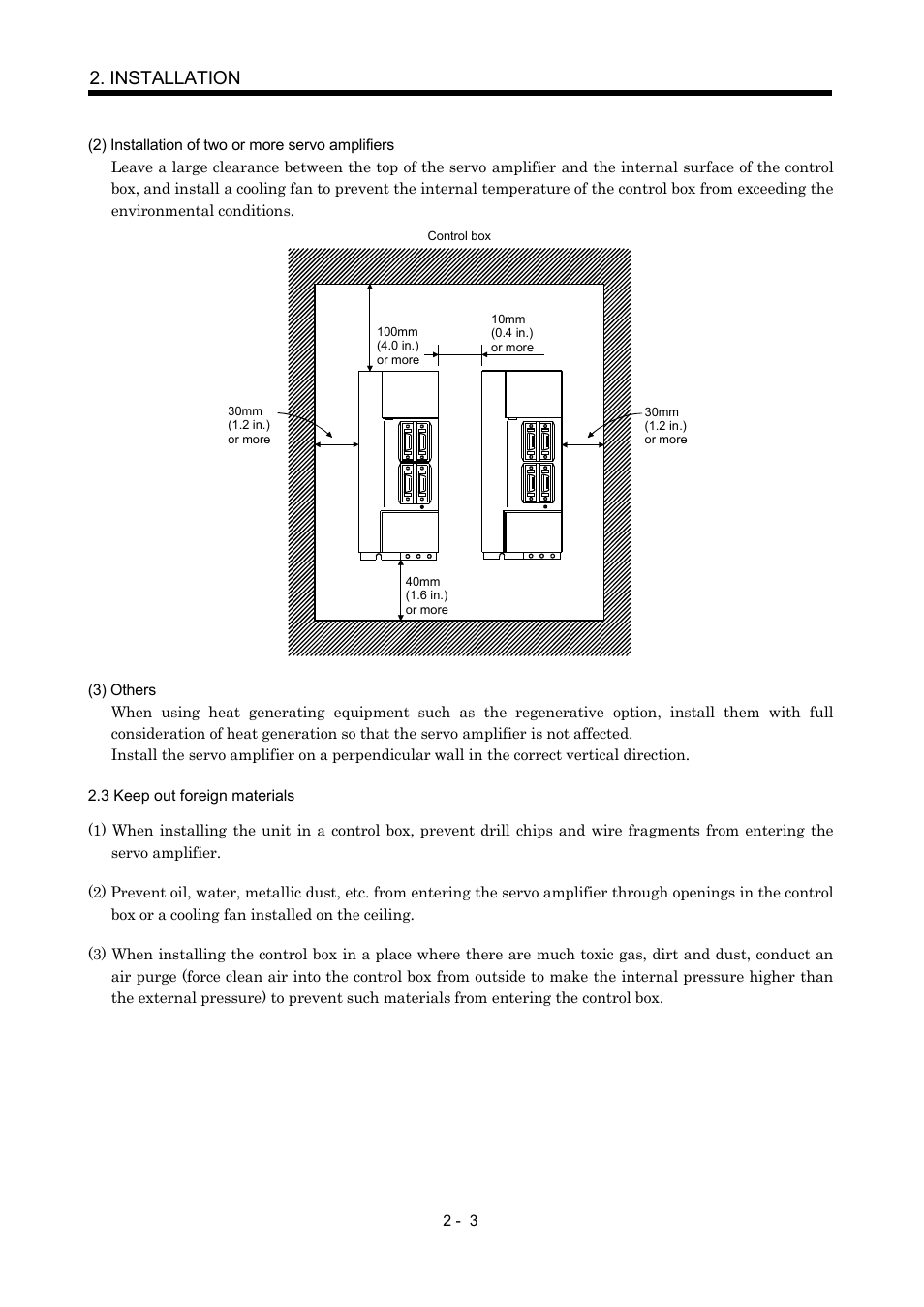 3 keep out foreign materials, Installation | MITSUBISHI ELECTRIC MR-J2S- CP User Manual | Page 48 / 357