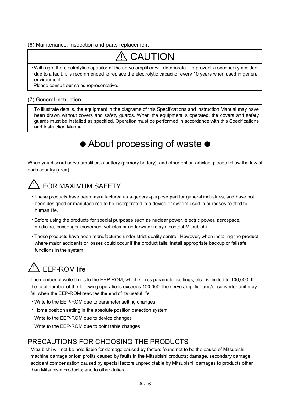 About processing of waste, Caution, For maximum safety | Eep-rom life, Precautions for choosing the products | MITSUBISHI ELECTRIC MR-J2S- CP User Manual | Page 7 / 357