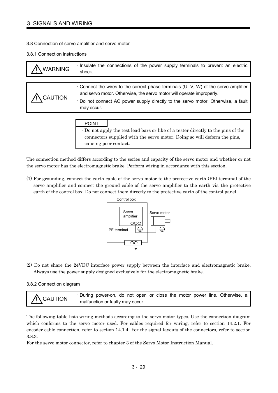8 connection of servo amplifier and servo motor, 1 connection instructions, 2 connection diagram | Signals and wiring, Warning, Caution | MITSUBISHI ELECTRIC MR-J2S- CP User Manual | Page 78 / 357