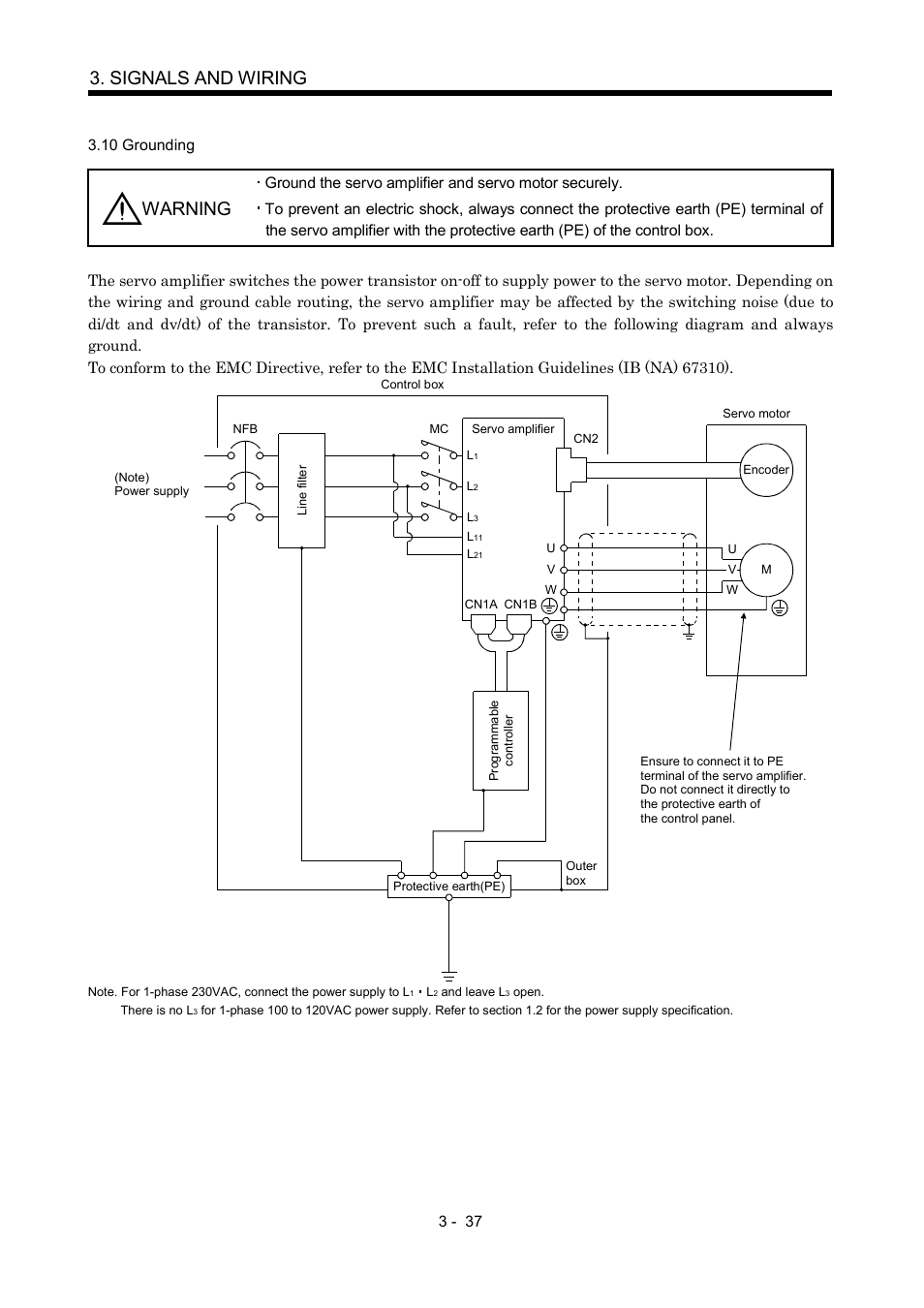 10 grounding, Signals and wiring, Warning | MITSUBISHI ELECTRIC MR-J2S- CP User Manual | Page 86 / 357
