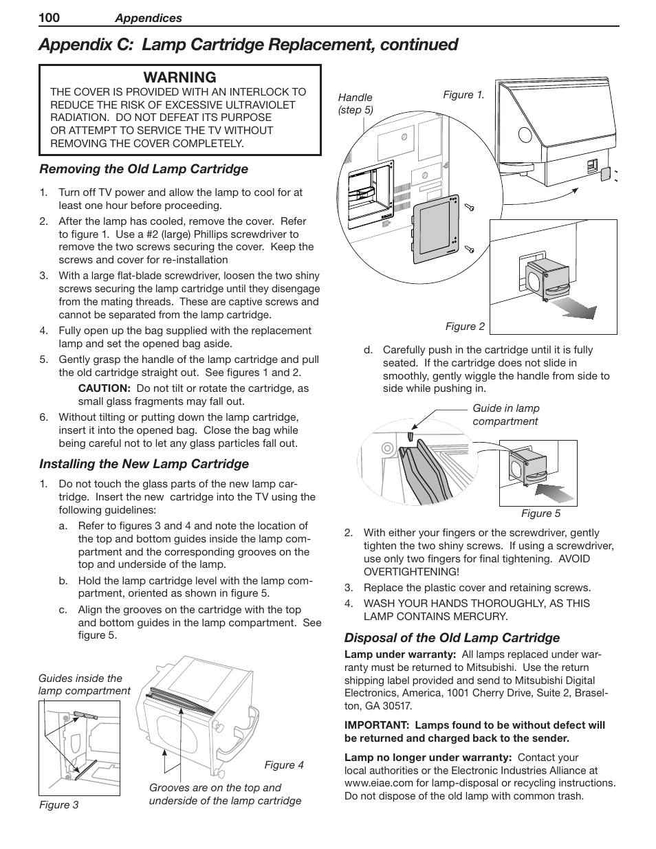 Appendix c: lamp cartridge replacement, continued, Warning | MITSUBISHI ELECTRIC WD-Y57 a User Manual | Page 100 / 124