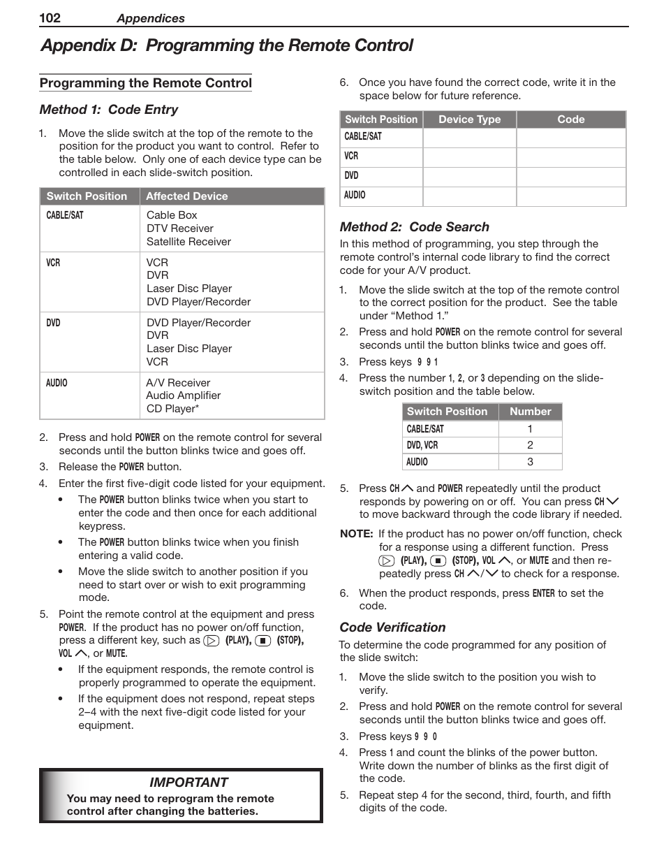 Appendix d: programming the remote control | MITSUBISHI ELECTRIC WD-Y57 a User Manual | Page 102 / 124