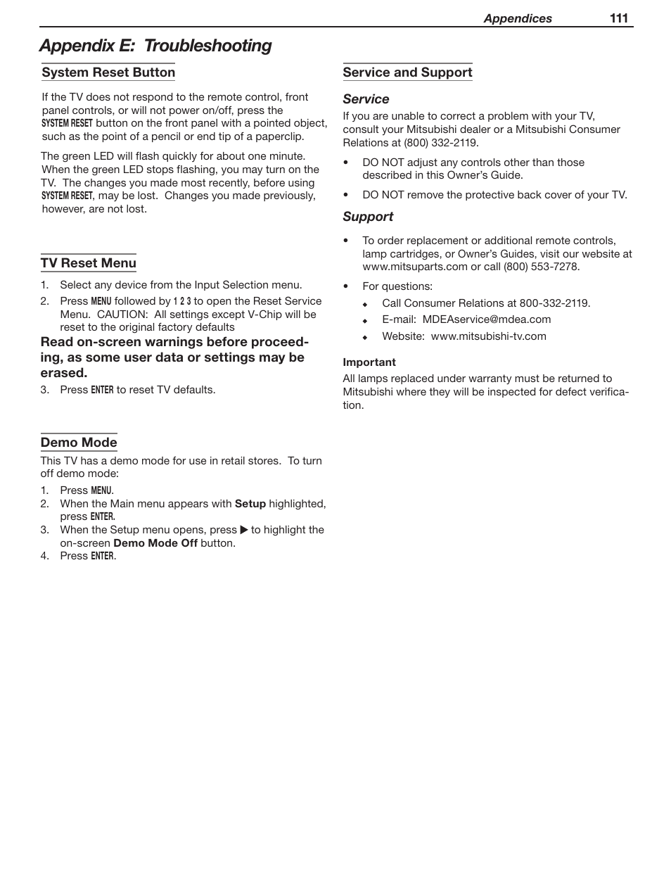 Appendix e: troubleshooting | MITSUBISHI ELECTRIC WD-Y57 a User Manual | Page 111 / 124