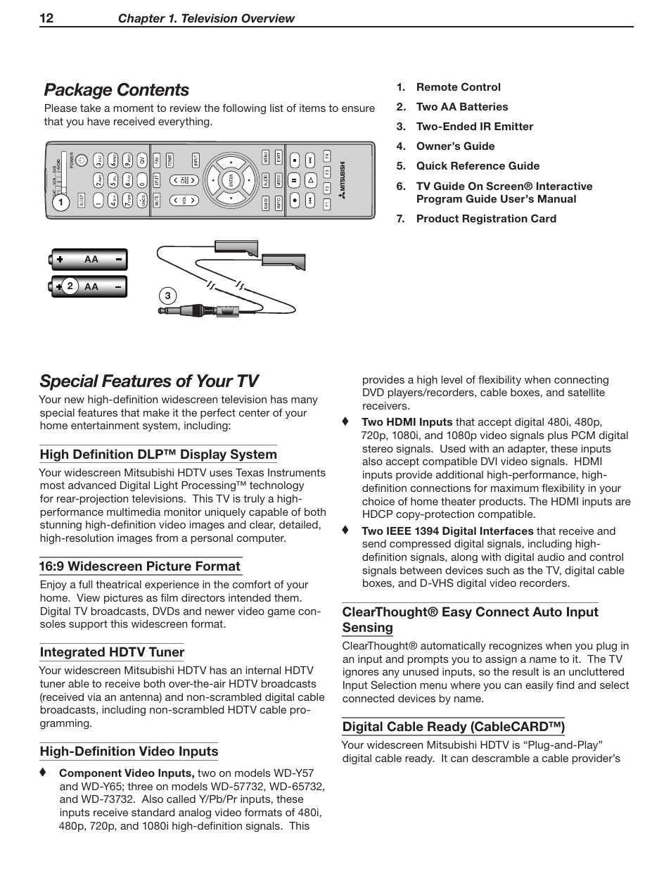 Package contents, Special features of your tv | MITSUBISHI ELECTRIC WD-Y57 a User Manual | Page 12 / 124