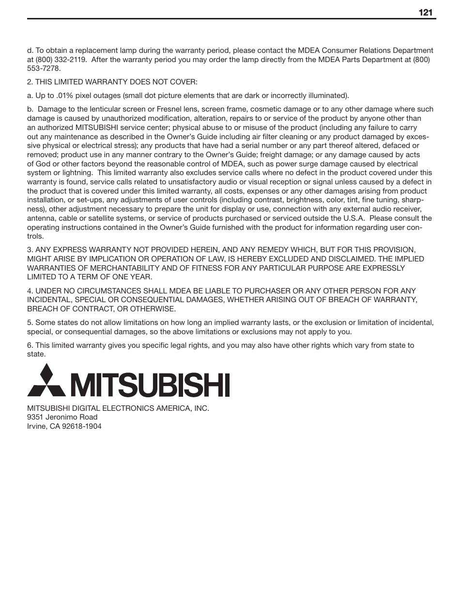 MITSUBISHI ELECTRIC WD-Y57 a User Manual | Page 121 / 124