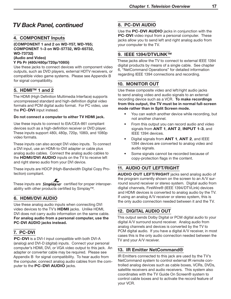 Tv back panel, continued | MITSUBISHI ELECTRIC WD-Y57 a User Manual | Page 17 / 124