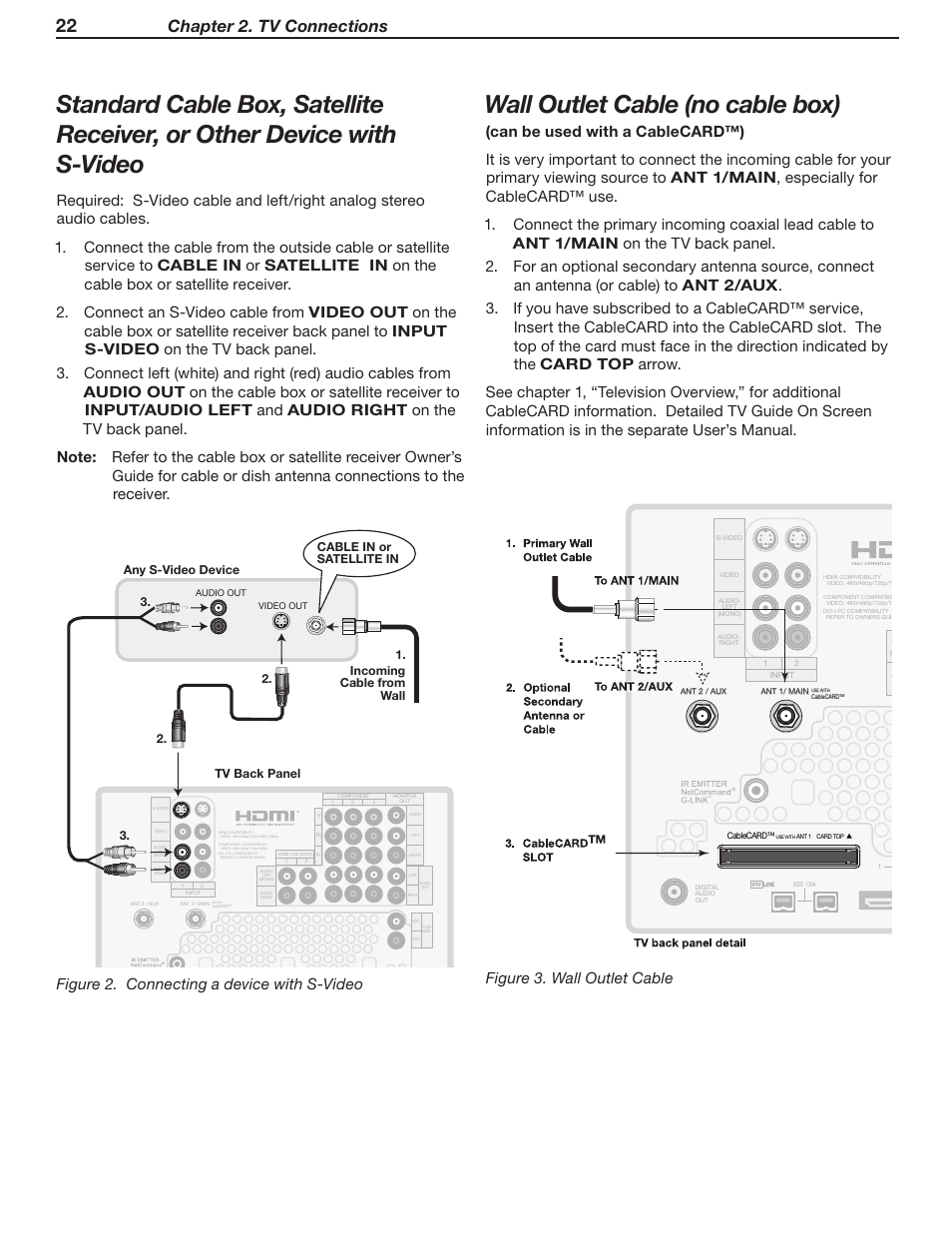 Wall outlet cable (no cable box), Chapter 2. tv connections, Figure 2. connecting a device with s-video | Figure 3. wall outlet cable, Tm r | MITSUBISHI ELECTRIC WD-Y57 a User Manual | Page 22 / 124