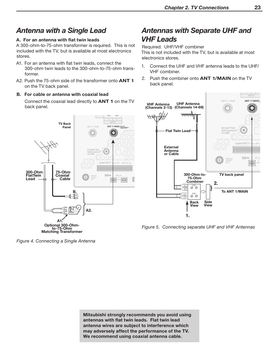 Antennas with separate uhf and vhf leads, Antenna with a single lead, Chapter 2. tv connections | Figure 4. connecting a single antenna, 5p"/5."*/ 57cbdlqbofm | MITSUBISHI ELECTRIC WD-Y57 a User Manual | Page 23 / 124