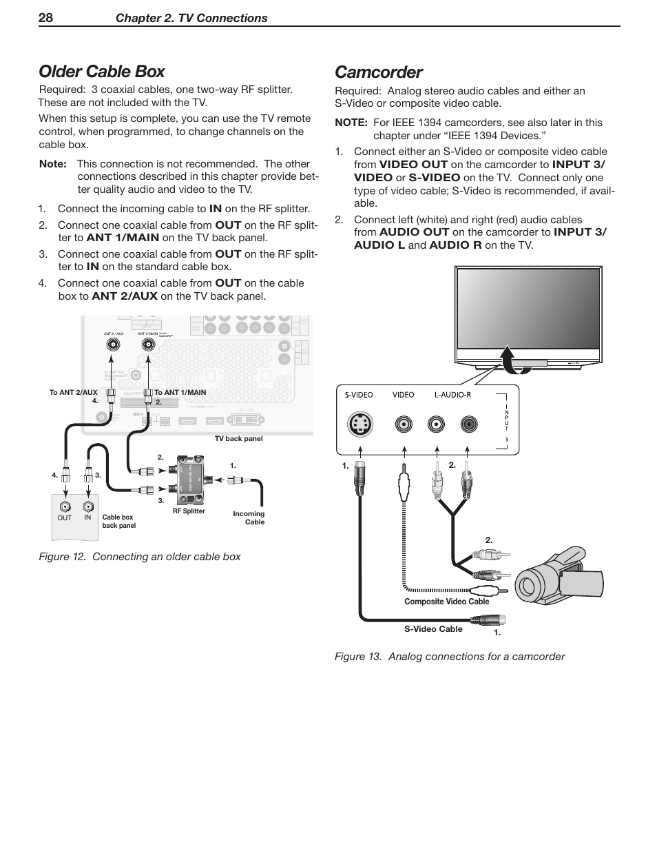 Older cable box, Camcorder, Chapter 2. tv connections | Figure 12. connecting an older cable box, Figure 13. analog connections for a camcorder, Tm r, Pnqptjuf7jefp$bcmf 47jefp$bcmf | MITSUBISHI ELECTRIC WD-Y57 a User Manual | Page 28 / 124