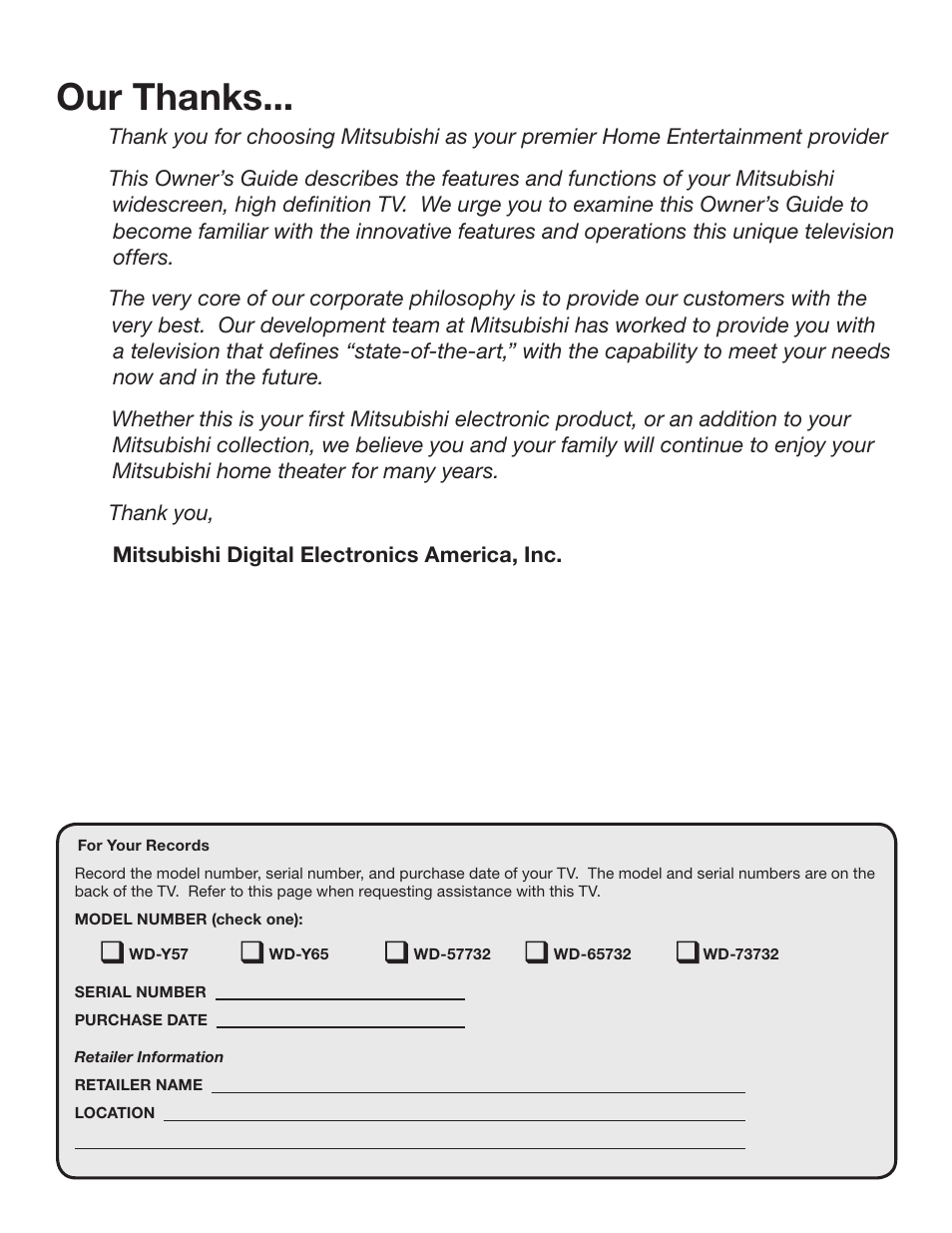 MITSUBISHI ELECTRIC WD-Y57 a User Manual | Page 3 / 124