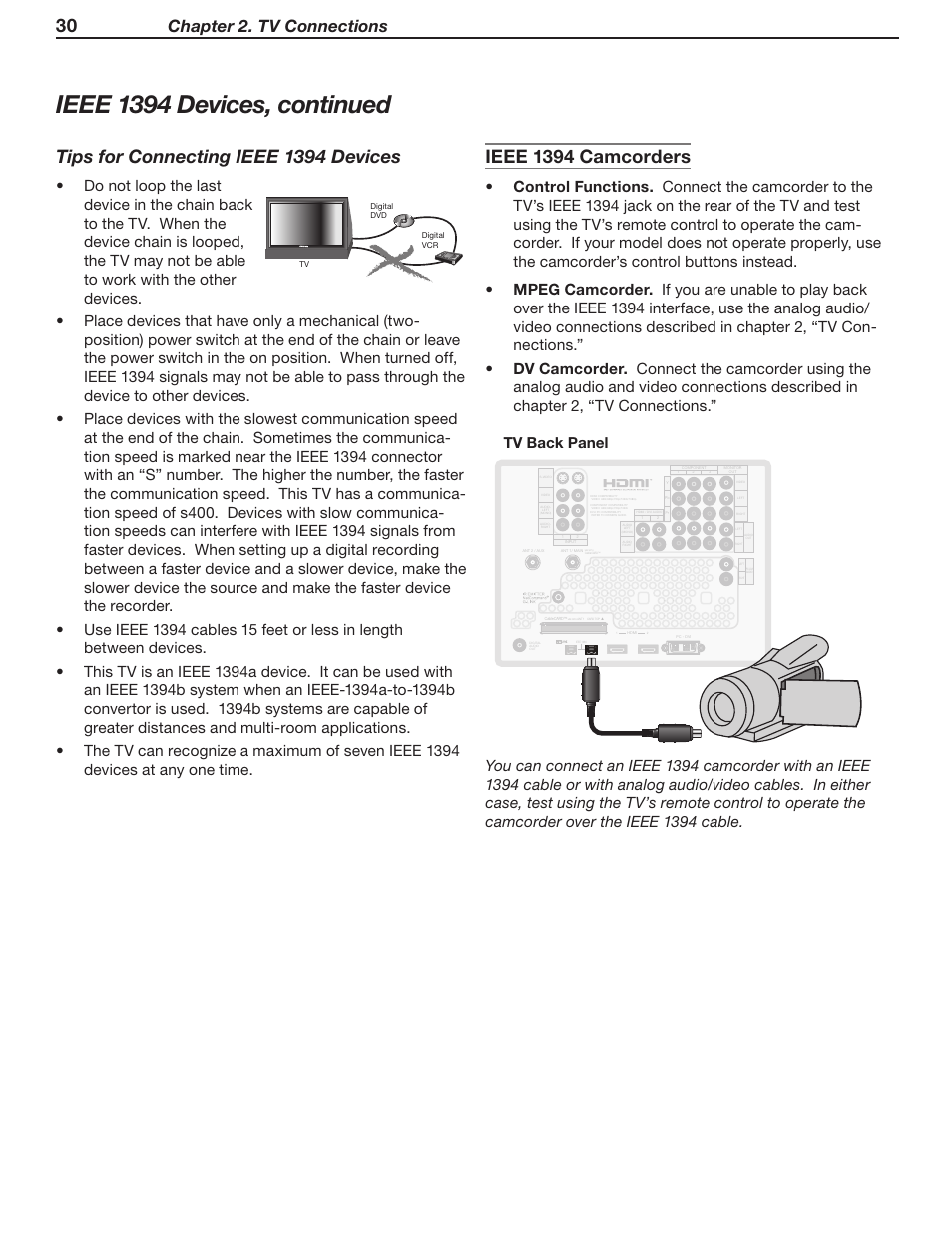 Ieee 1394 devices, continued, Tips for connecting ieee 1394 devices, Ieee 1394 camcorders | Chapter 2. tv connections, Tm r | MITSUBISHI ELECTRIC WD-Y57 a User Manual | Page 30 / 124