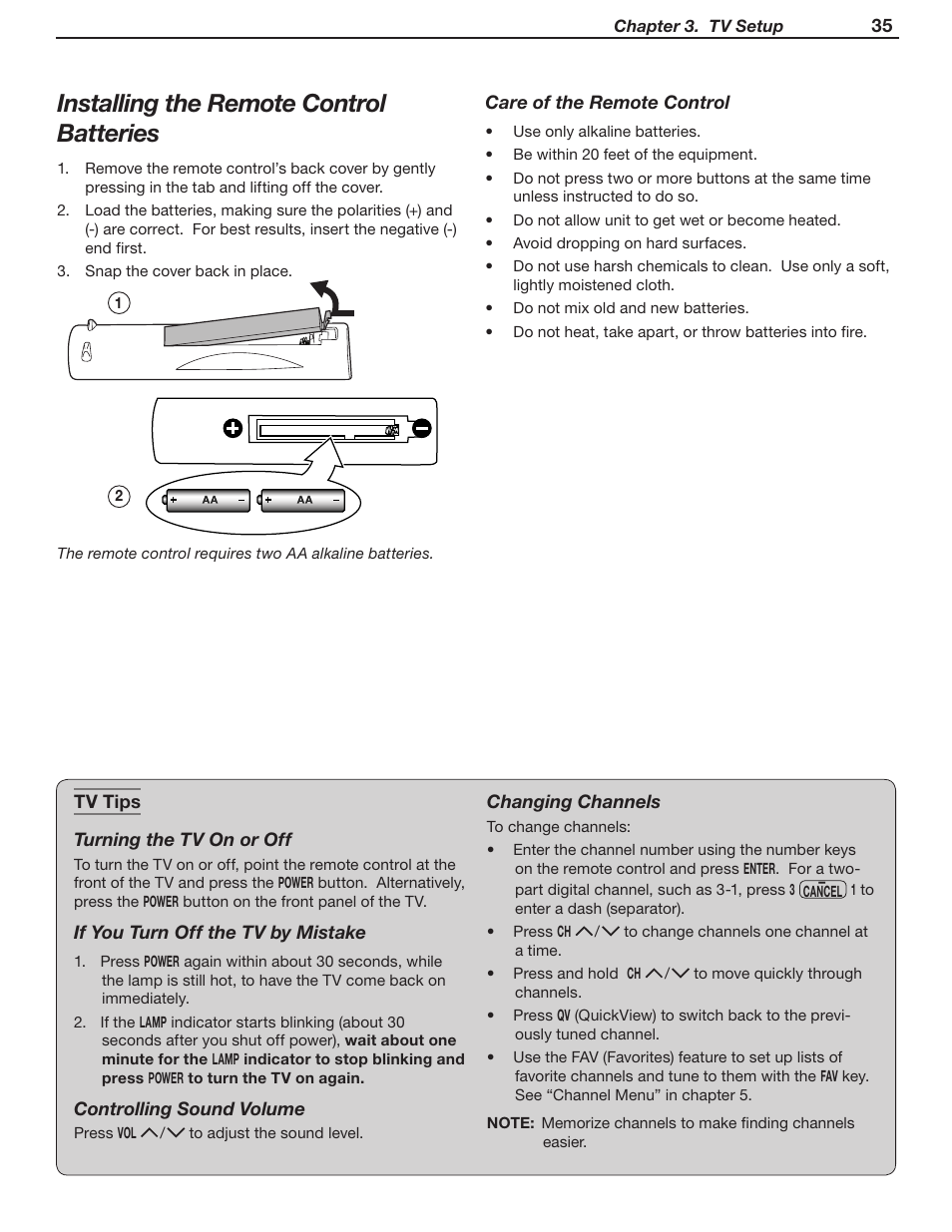 Installing the remote control batteries | MITSUBISHI ELECTRIC WD-Y57 a User Manual | Page 35 / 124