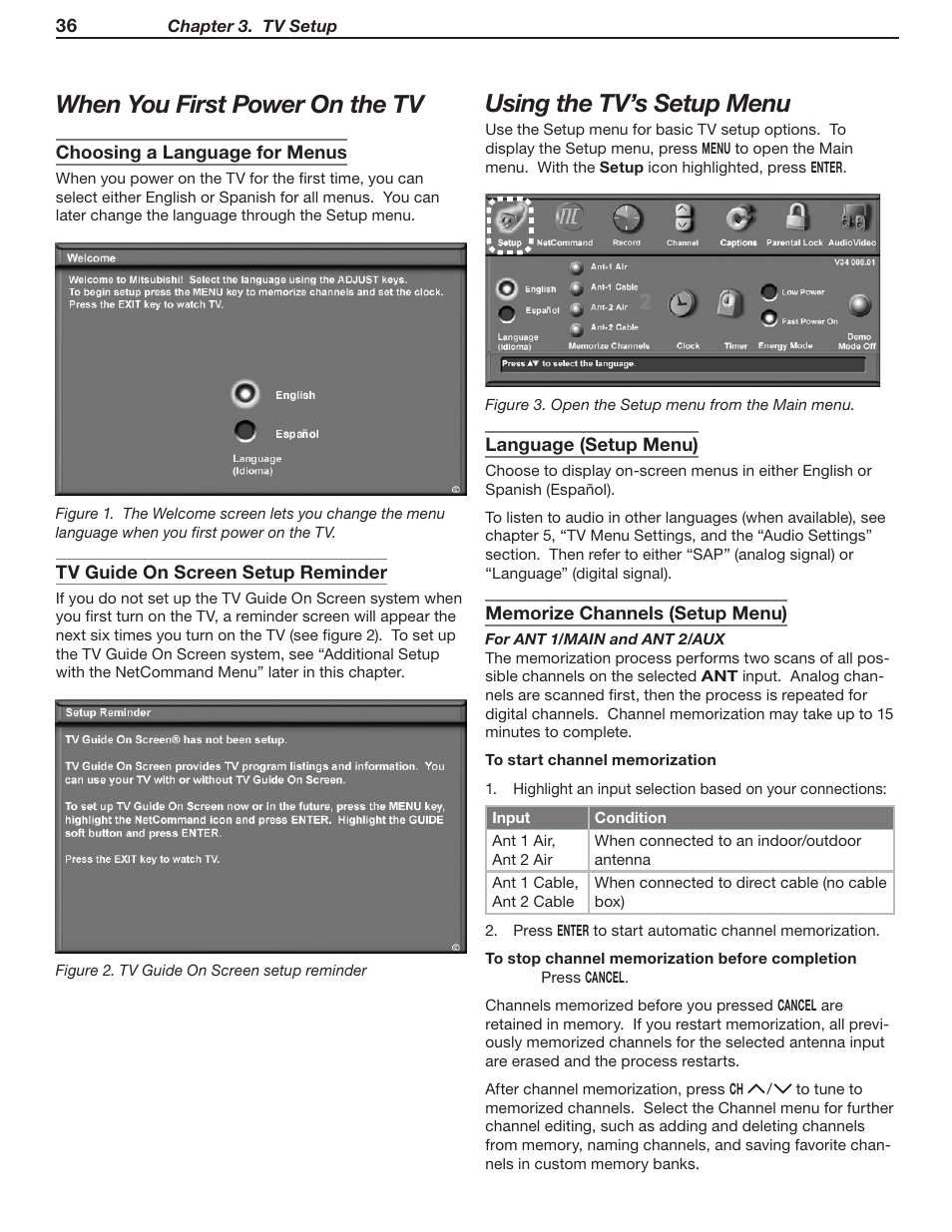 When you first power on the tv, Using the tv’s setup menu | MITSUBISHI ELECTRIC WD-Y57 a User Manual | Page 36 / 124