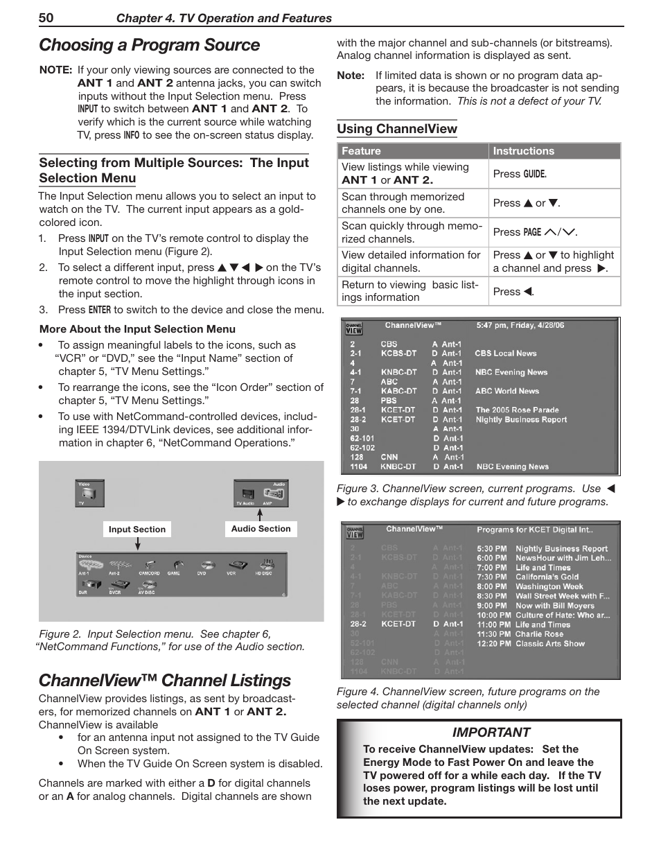 Choosing a program source, Channelview™ channel listings | MITSUBISHI ELECTRIC WD-Y57 a User Manual | Page 50 / 124
