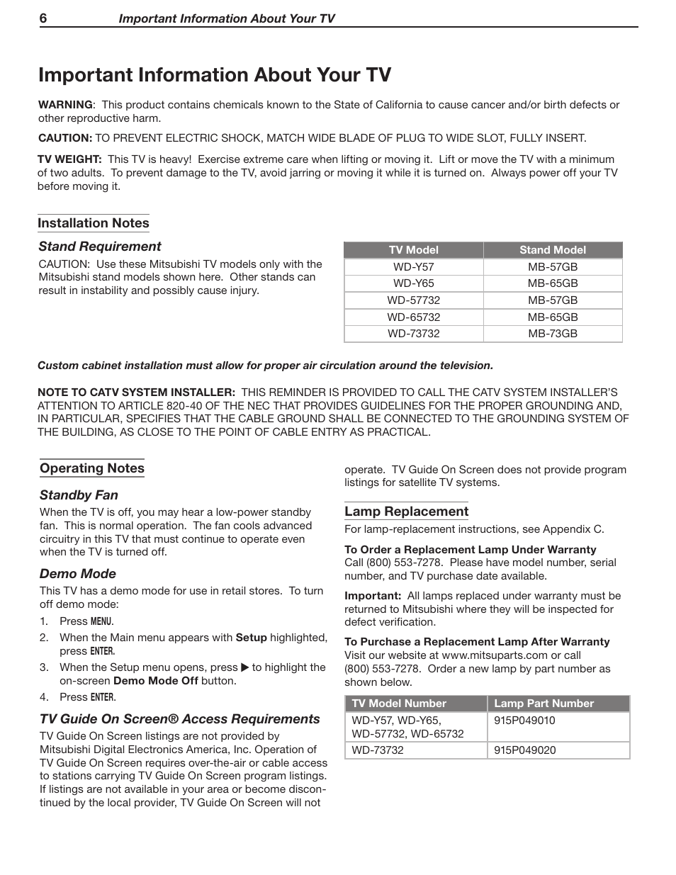 Important information about your tv | MITSUBISHI ELECTRIC WD-Y57 a User Manual | Page 6 / 124