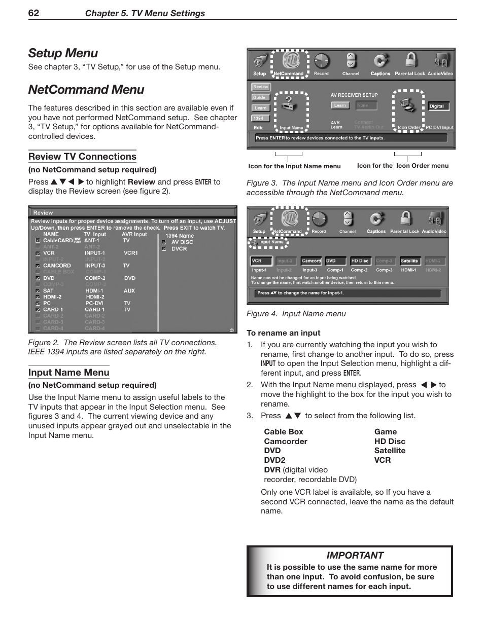 Setup menu, Netcommand menu | MITSUBISHI ELECTRIC WD-Y57 a User Manual | Page 62 / 124