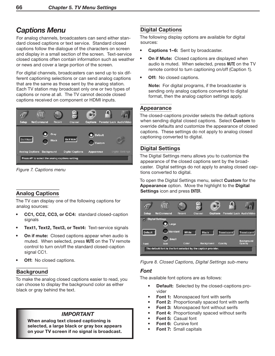 Captions menu | MITSUBISHI ELECTRIC WD-Y57 a User Manual | Page 66 / 124