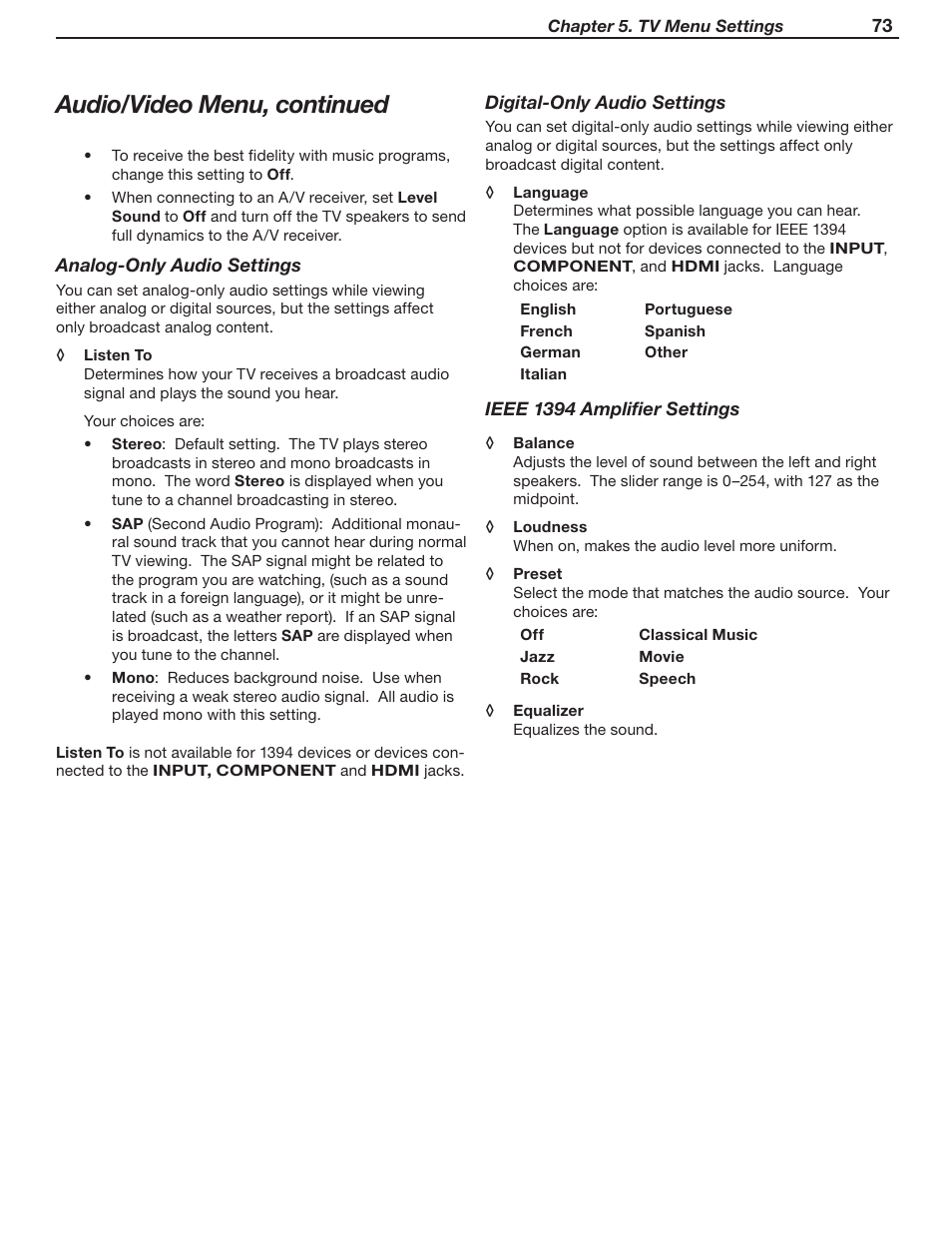 Audio/video menu, continued | MITSUBISHI ELECTRIC WD-Y57 a User Manual | Page 73 / 124